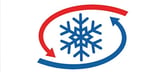 Blue snowflake enclosed by red and blue circular arrows indicating refrigeration or cooling cycle